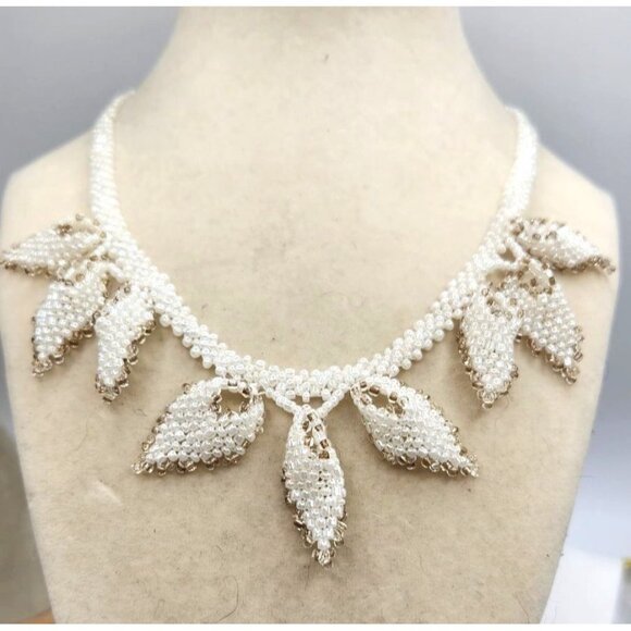 Hand Woven White Beaded Leaf Necklace With Gold Bead Trim - Unusual - Picture 2 of 5